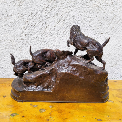 A Arson, Terrier Hunting Dogs, Signed Bronze, 19th Century