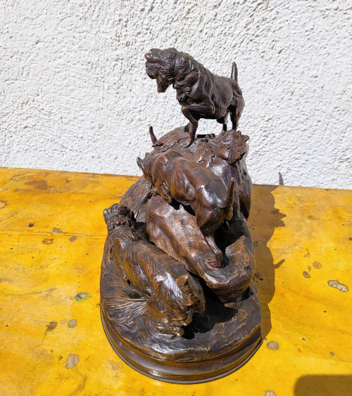 A Arson, Terrier Hunting Dogs, Signed Bronze, 19th Century