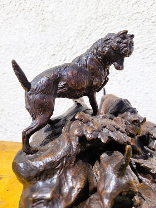 A Arson, Terrier Hunting Dogs, Signed Bronze, 19th Century