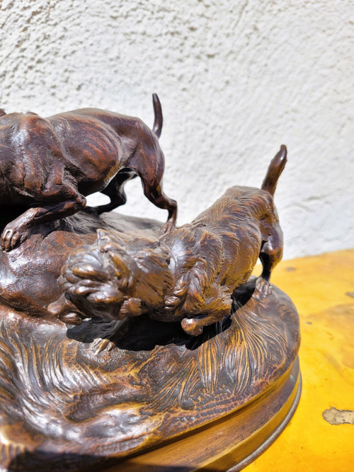 A Arson, Terrier Hunting Dogs, Signed Bronze, 19th Century