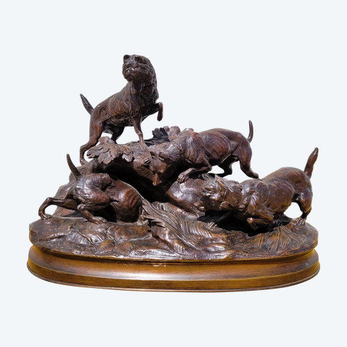 A Arson, Terrier Hunting Dogs, Signed Bronze, 19th Century