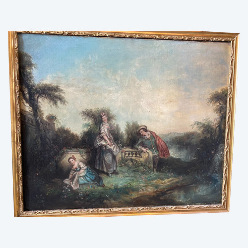 Scène Galante Suiveur De Watteau, école Française XIXème Siècle