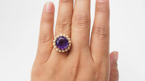 Vintage ring in rose gold, amethyst and fine pearls