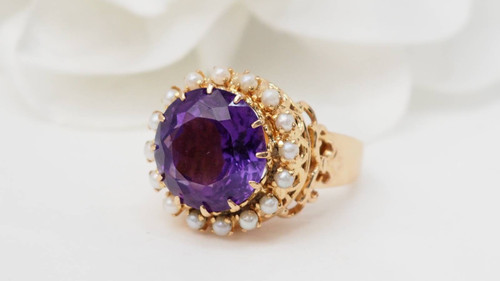 Vintage ring in rose gold, amethyst and fine pearls