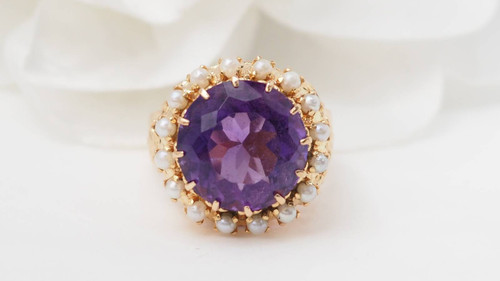 Vintage ring in rose gold, amethyst and fine pearls