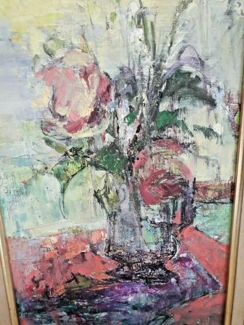 Tableau huile sur toile bouquet de fleurs signée Raquin 20ème