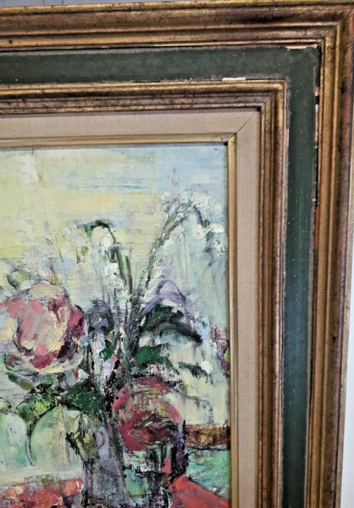 Tableau huile sur toile bouquet de fleurs signée Raquin 20ème