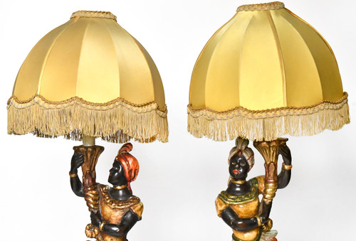 Pair of lamps in carved polychrome and gilded wood with Nubian décor