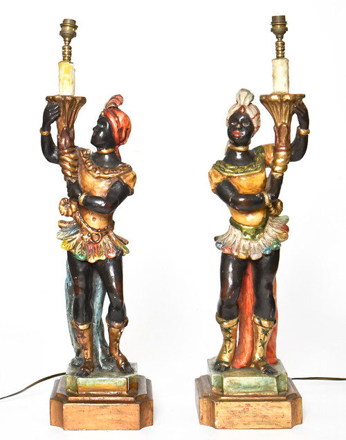 Pair of lamps in carved polychrome and gilded wood with Nubian décor