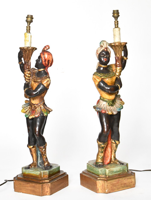 Pair of lamps in carved polychrome and gilded wood with Nubian décor