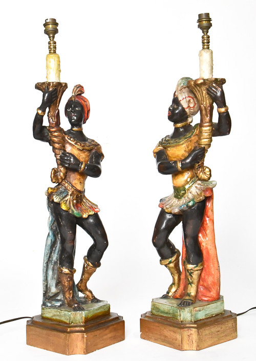 Pair of lamps in carved polychrome and gilded wood with Nubian décor