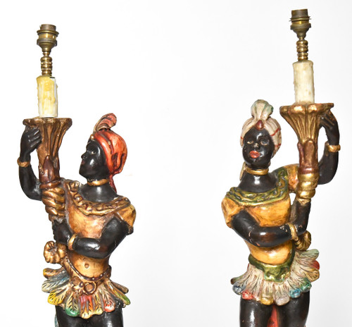 Pair of lamps in carved polychrome and gilded wood with Nubian décor