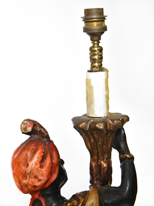 Pair of lamps in carved polychrome and gilded wood with Nubian décor