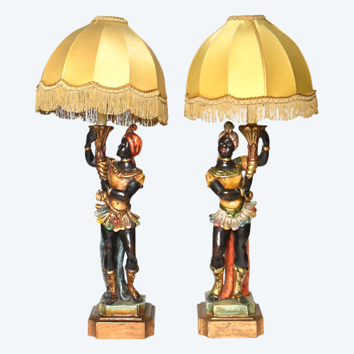 Pair of lamps in carved polychrome and gilded wood with Nubian décor