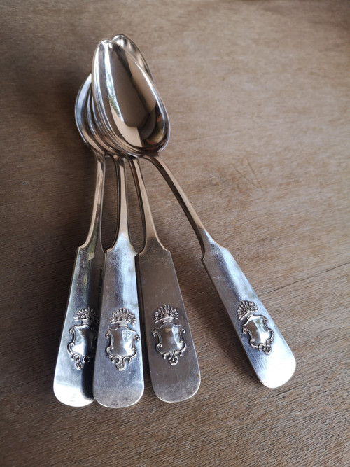 4 antique silver soup spoons 875 hallmark Russian silversmith Cyprian Labecki year 1881, 19th century