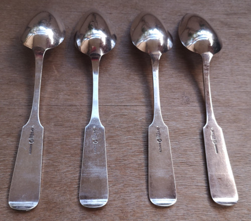 4 antique silver soup spoons 875 hallmark Russian silversmith Cyprian Labecki year 1881, 19th century