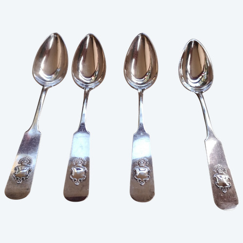 4 antique silver soup spoons 875 hallmark Russian silversmith Cyprian Labecki year 1881, 19th century