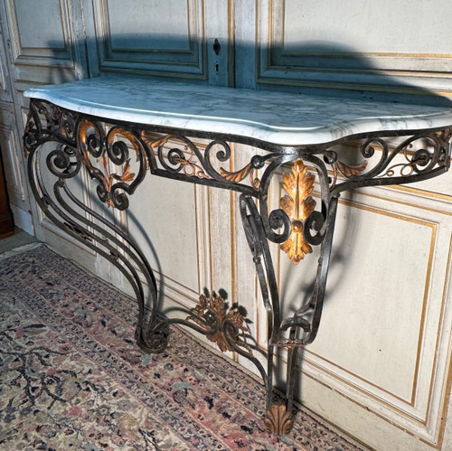 Console In Wrought Iron And Golden Sheet Metal