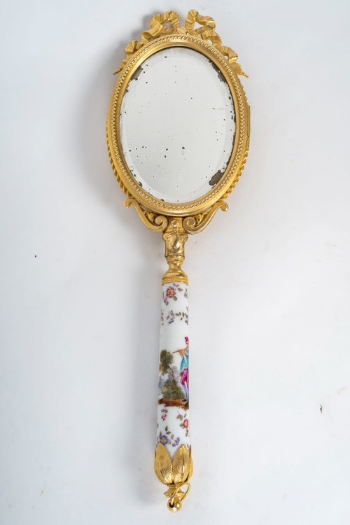 Un Miroir De Main En Bronze Doré Et Porcelaine Fin XIXème Siècle