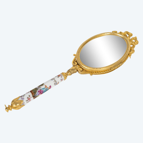 Un Miroir De Main En Bronze Doré Et Porcelaine Fin XIXème Siècle