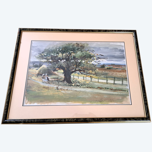 Watercolor landscape animated countryside early XXth century