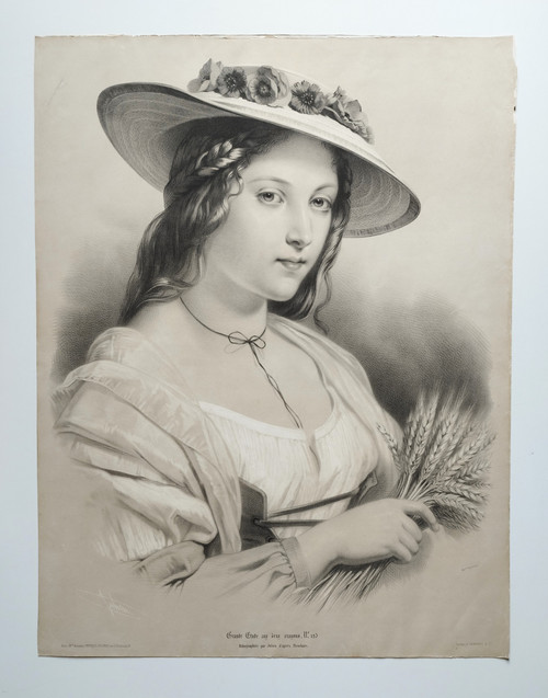 Woman In A Straw Hat Large Lithograph After Brochart 19th C Old Print