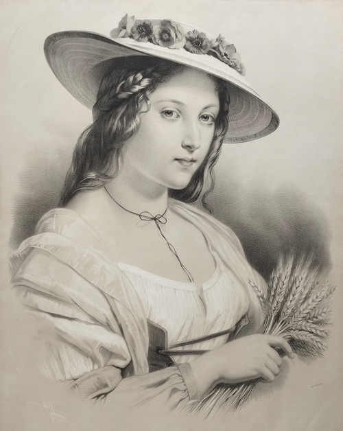 Woman In A Straw Hat Large Lithograph After Brochart 19th C Old Print