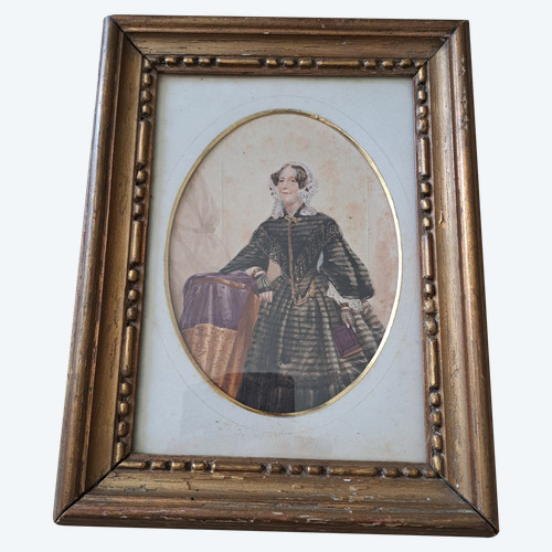 Dame De Qualité , Large Miniature , Watercolor , Mid-19th century.