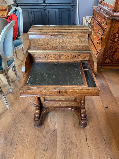 Pop up Davenport" desk in burr walnut with ebony moulding