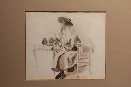 Ink wash drawing 'Seated woman drinking tea' circa 1900