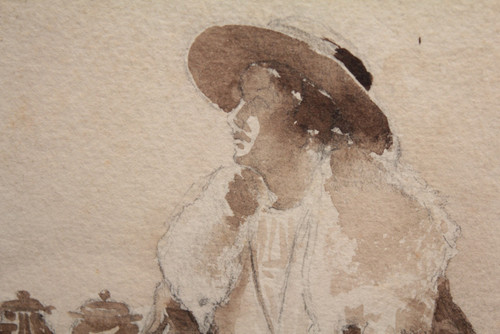 Ink wash drawing 'Seated woman drinking tea' circa 1900