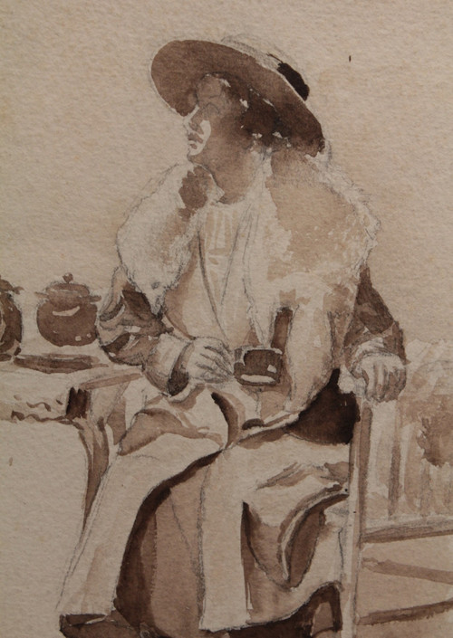 Ink wash drawing 'Seated woman drinking tea' circa 1900