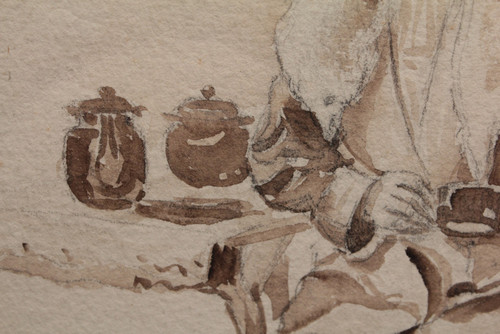 Ink wash drawing 'Seated woman drinking tea' circa 1900