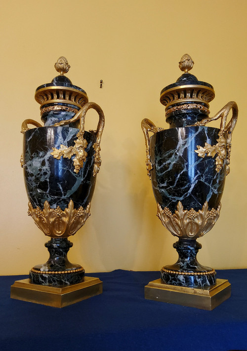 Pair of Vases in Sea-Green Marble and Chased and Gilded Bronzes Louis XVI style late 19th century