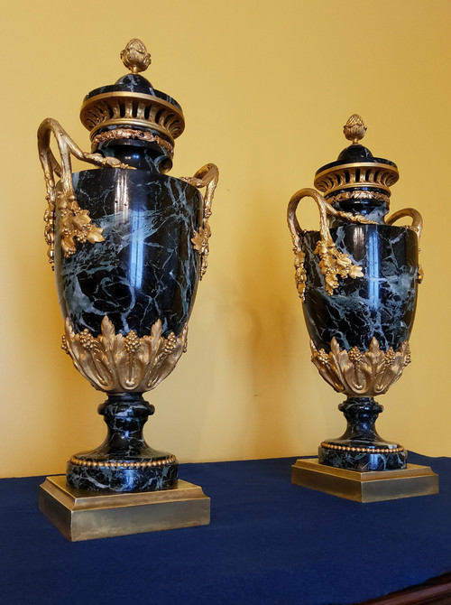 Pair of Vases in Sea-Green Marble and Chased and Gilded Bronzes Louis XVI style late 19th century