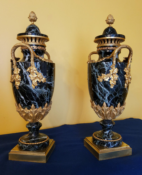 Pair of Vases in Sea-Green Marble and Chased and Gilded Bronzes Louis XVI style late 19th century