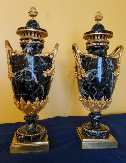 Pair of Vases in Sea-Green Marble and Chased and Gilded Bronzes Louis XVI style late 19th century