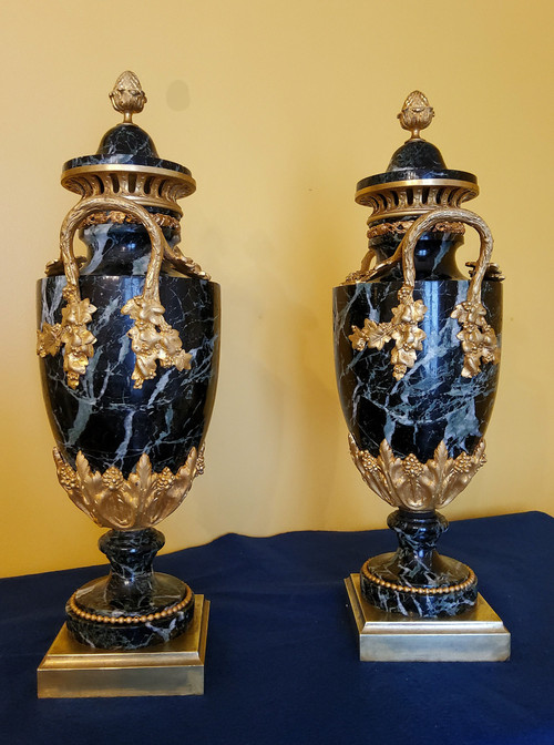 Pair of Vases in Sea-Green Marble and Chased and Gilded Bronzes Louis XVI style late 19th century