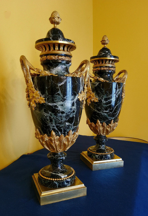 Pair of Vases in Sea-Green Marble and Chased and Gilded Bronzes Louis XVI style late 19th century