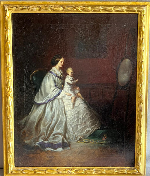 Oil on canvas portrait of mother and child 19th century