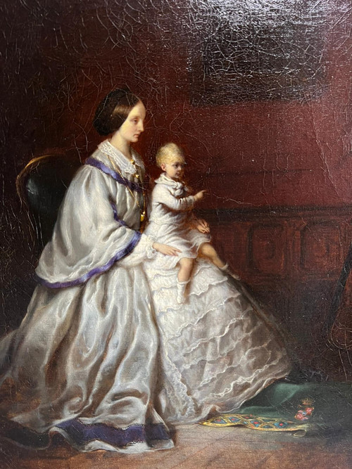 Oil on canvas portrait of mother and child 19th century