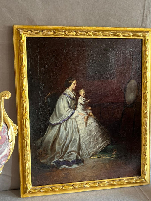 Oil on canvas portrait of mother and child 19th century