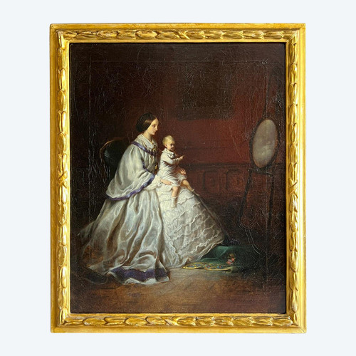 Oil on canvas portrait of mother and child 19th century