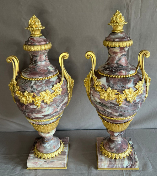 Pair of Cassolettes in Breche de Violette marble and gilt bronze 19th century