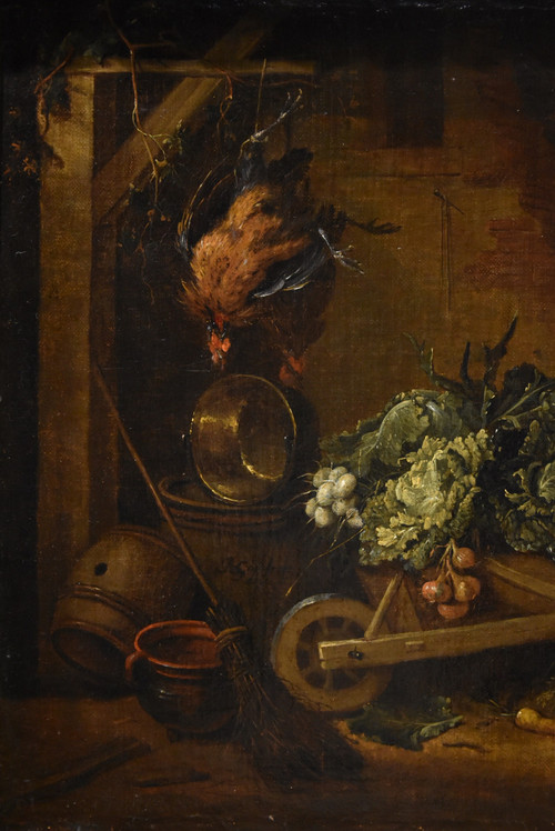 Adriaen De Gryef (Leyde 1657 - Bruxelles 1722) Signé, Paysan Dans La Cour Avec Nature Morte