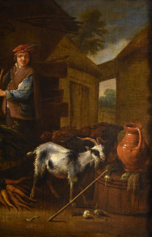 Adriaen De Gryef (Leyde 1657 - Bruxelles 1722) Signé, Paysan Dans La Cour Avec Nature Morte