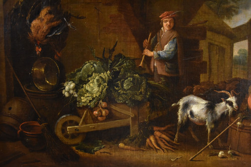 Adriaen De Gryef (Leyde 1657 - Bruxelles 1722) Signé, Paysan Dans La Cour Avec Nature Morte