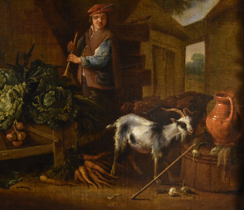 Adriaen De Gryef (Leyde 1657 - Bruxelles 1722) Signé, Paysan Dans La Cour Avec Nature Morte