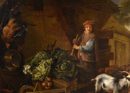 Adriaen De Gryef (Leyde 1657 - Bruxelles 1722) Signé, Paysan Dans La Cour Avec Nature Morte