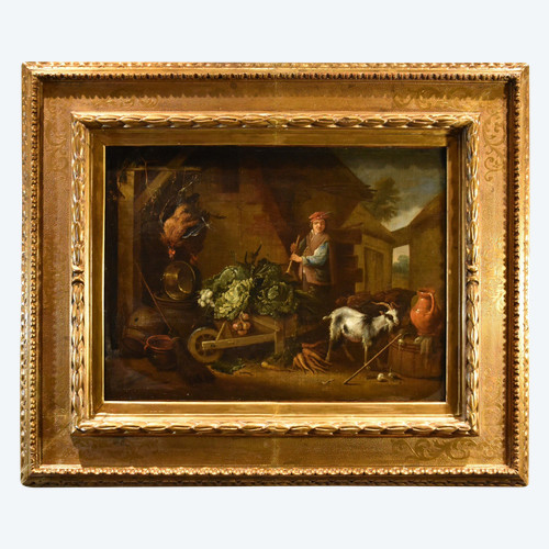 Adriaen De Gryef (Leyde 1657 - Bruxelles 1722) Signé, Paysan Dans La Cour Avec Nature Morte